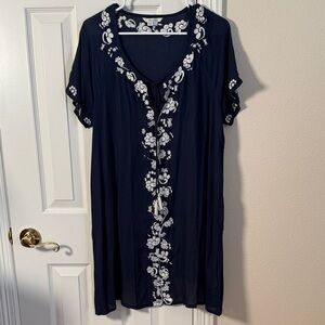 Boden Navy swim cover up with White Floral Embroidery